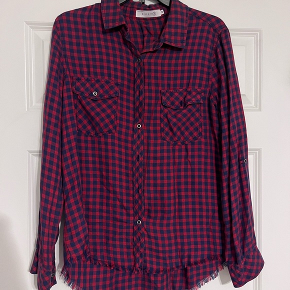 Billy T Plaid Button up Shirt Lace-Up Back Red Blue Checkered Womens M Western - Picture 1 of 5